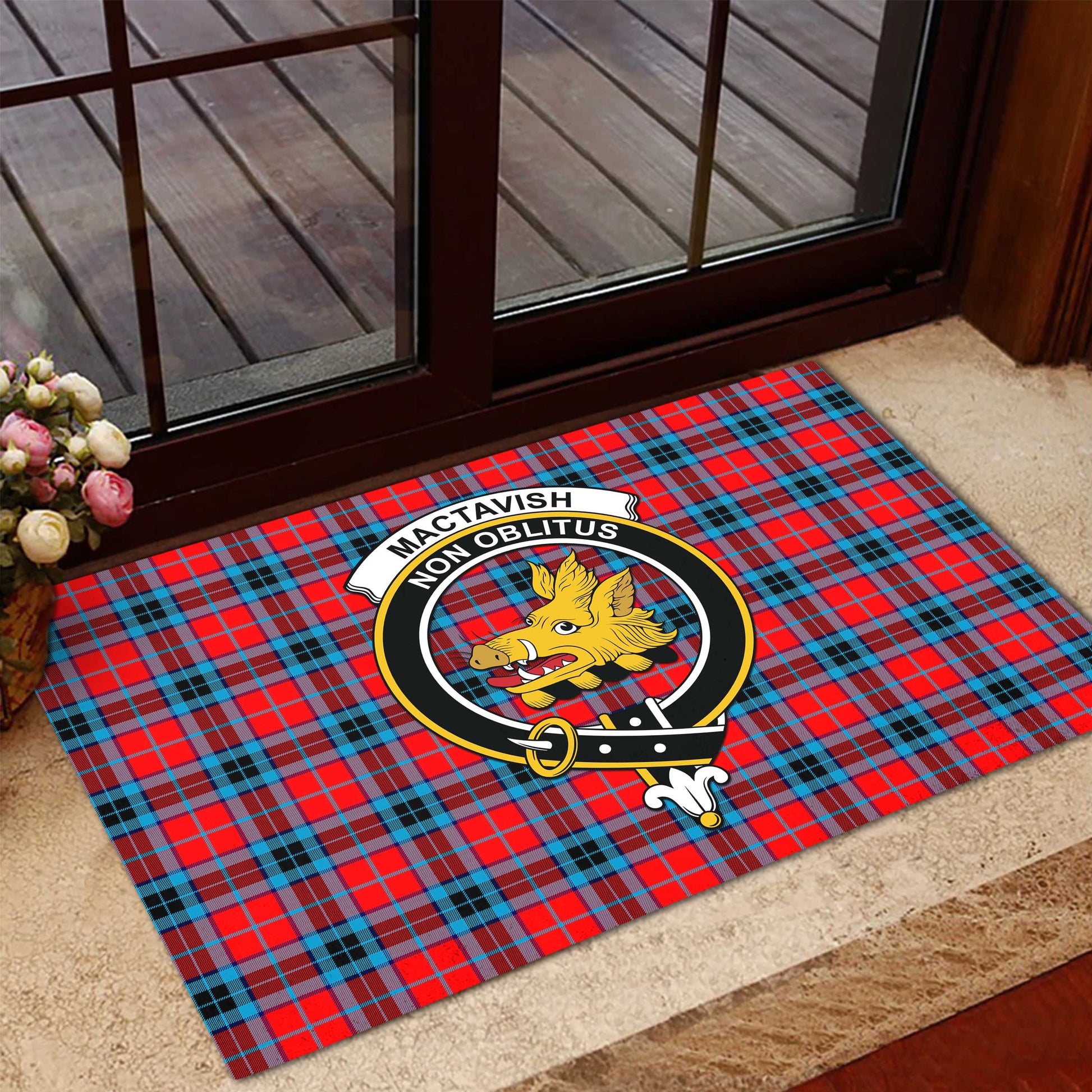 MacTavish Modern Tartan Door Mat with Family Crest - Tartanvibesclothing