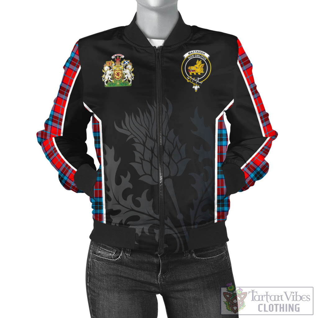 Tartan Vibes Clothing MacTavish Modern Tartan Bomber Jacket with Family Crest and Scottish Thistle Vibes Sport Style