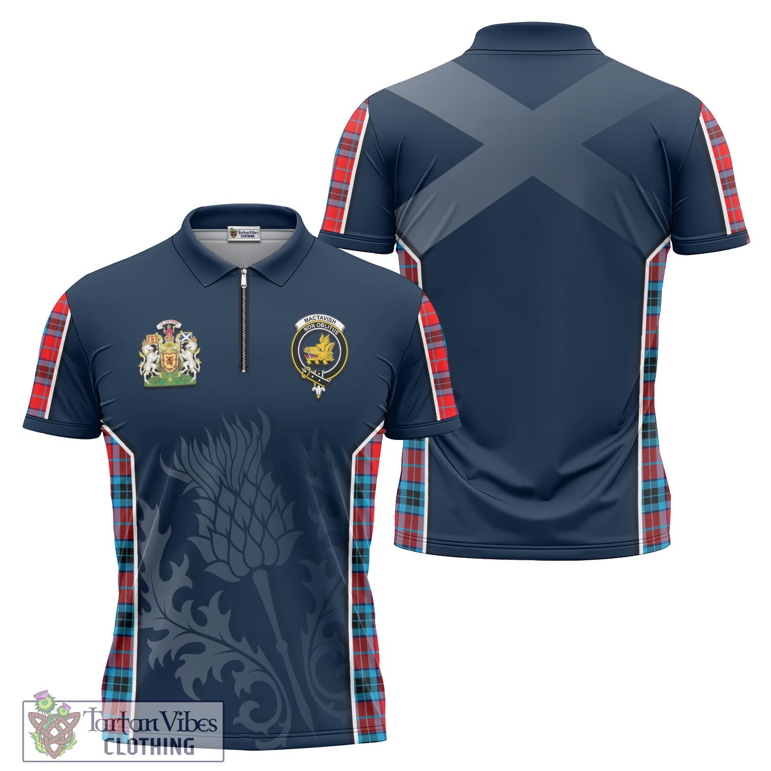 Tartan Vibes Clothing MacTavish Modern Tartan Zipper Polo Shirt with Family Crest and Scottish Thistle Vibes Sport Style