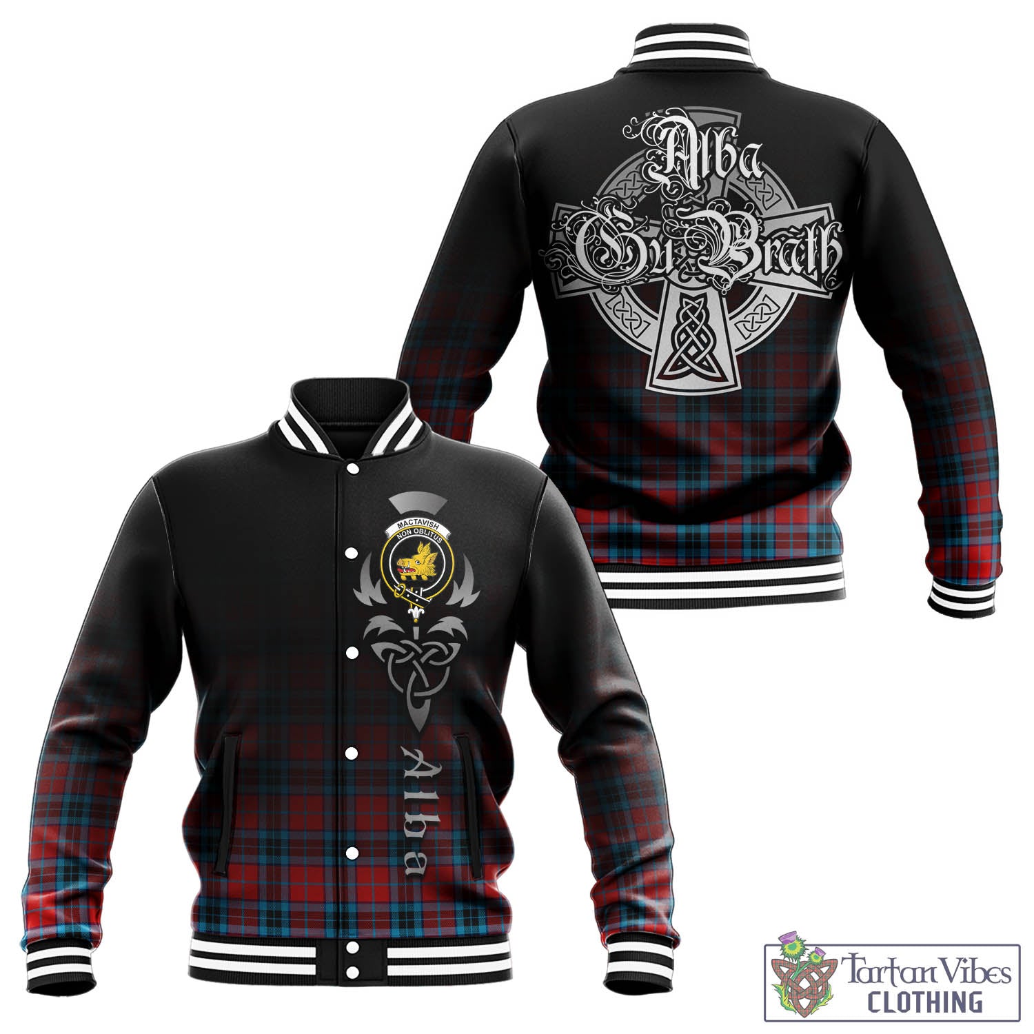 Tartan Vibes Clothing MacTavish Modern Tartan Baseball Jacket Featuring Alba Gu Brath Family Crest Celtic Inspired