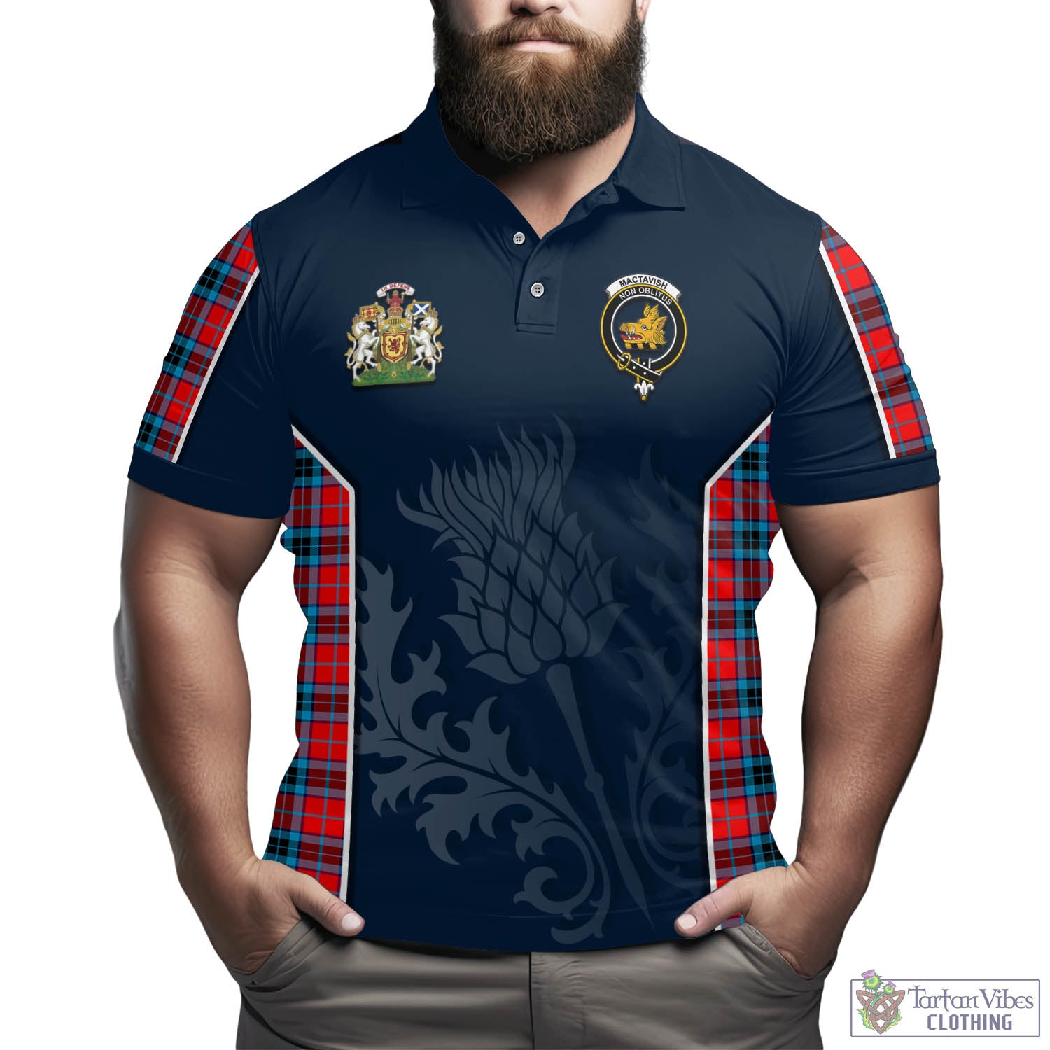 Tartan Vibes Clothing MacTavish Modern Tartan Men's Polo Shirt with Family Crest and Scottish Thistle Vibes Sport Style