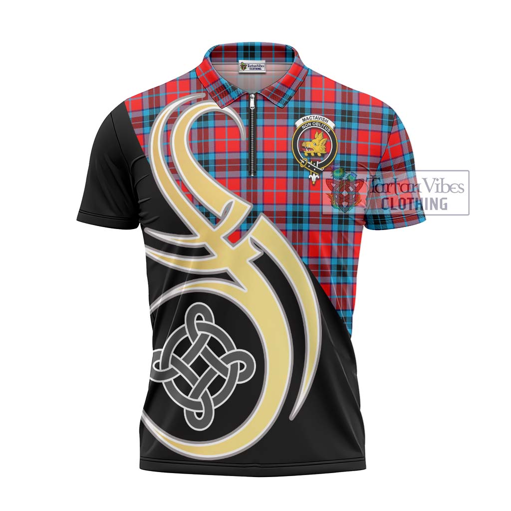 Tartan Vibes Clothing MacTavish Modern Tartan Zipper Polo Shirt with Family Crest and Celtic Symbol Style