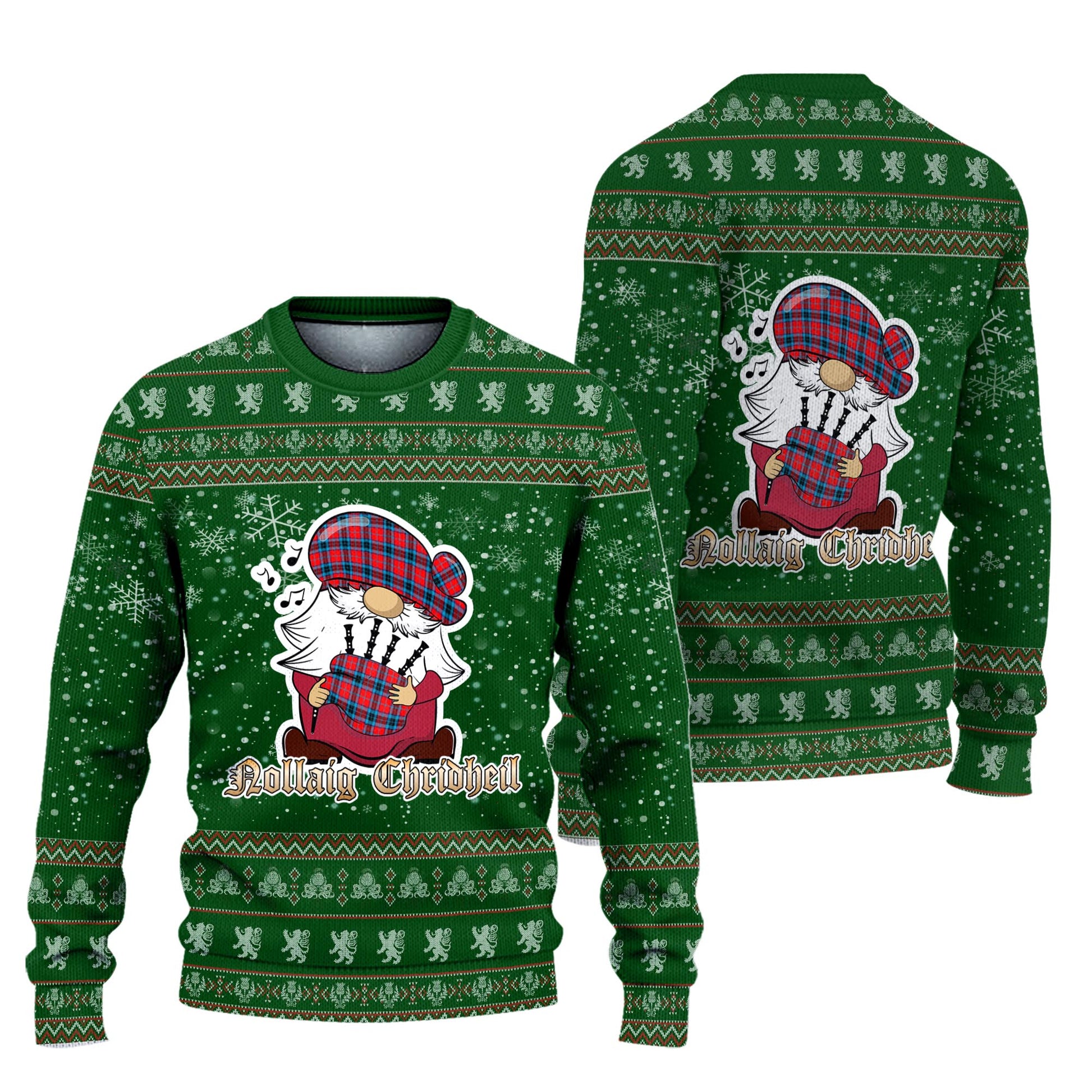 MacTavish Modern Clan Christmas Family Knitted Sweater with Funny Gnome Playing Bagpipes Unisex Green - Tartanvibesclothing