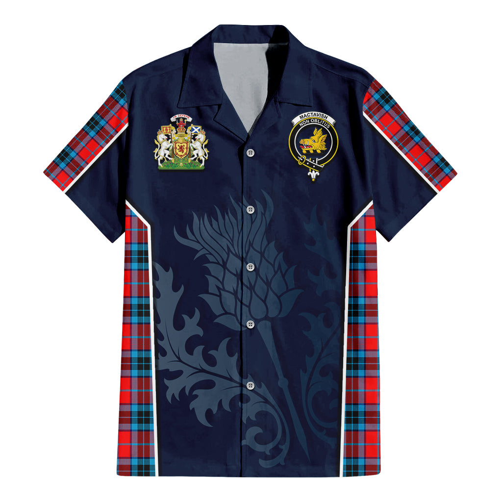 Tartan Vibes Clothing MacTavish Modern Tartan Short Sleeve Button Up Shirt with Family Crest and Scottish Thistle Vibes Sport Style