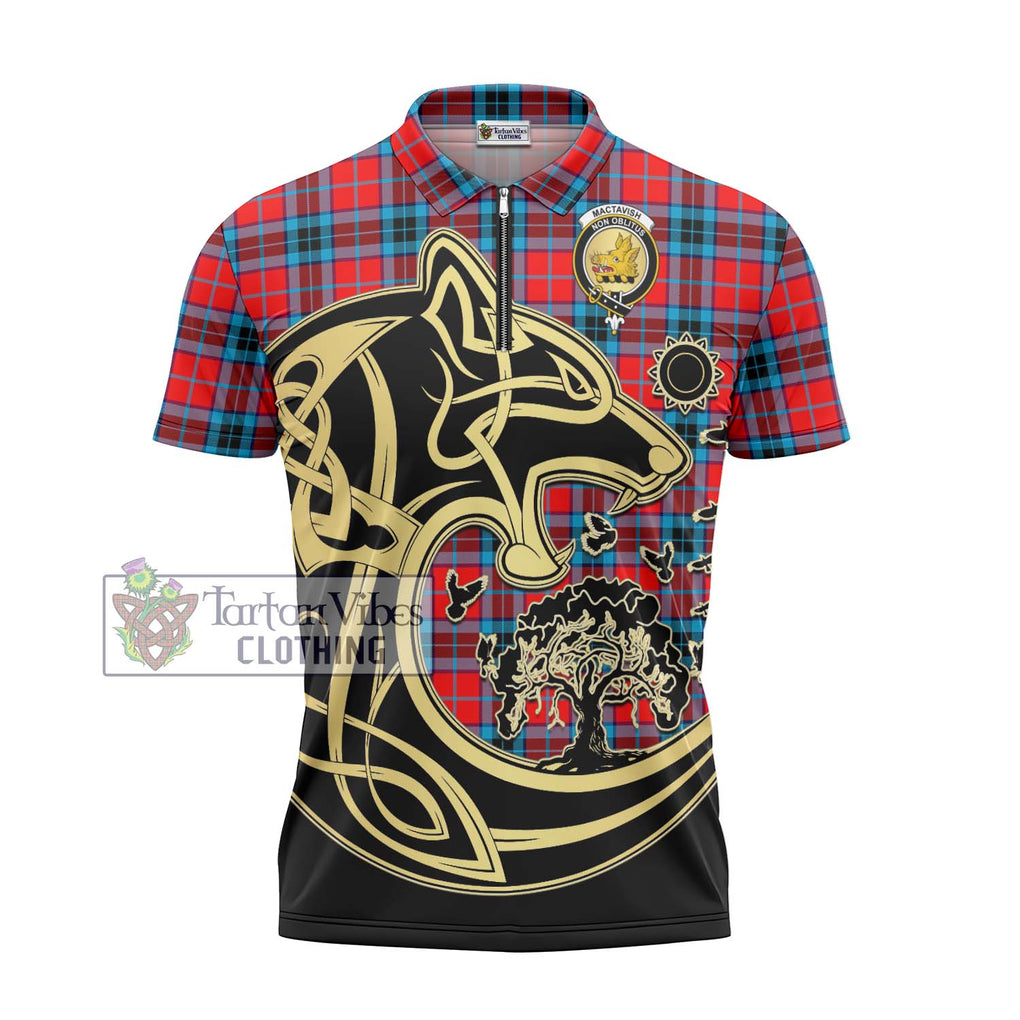 MacTavish (McTavish) Tartan Zipper Polo Shirt with Family Crest Celtic Wolf Style - Tartanvibesclothing Shop