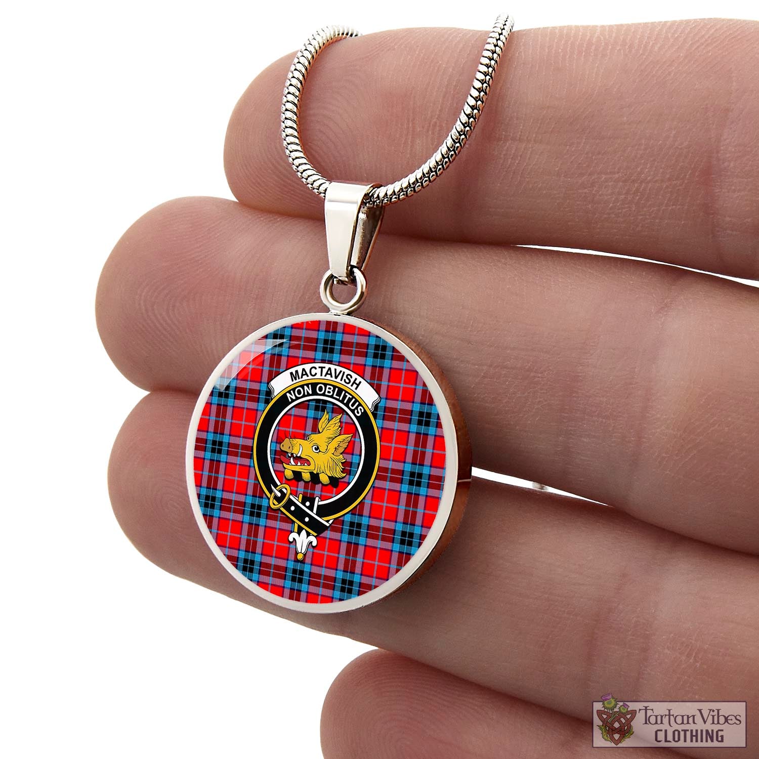 Tartan Vibes Clothing MacTavish Modern Tartan Circle Necklace with Family Crest