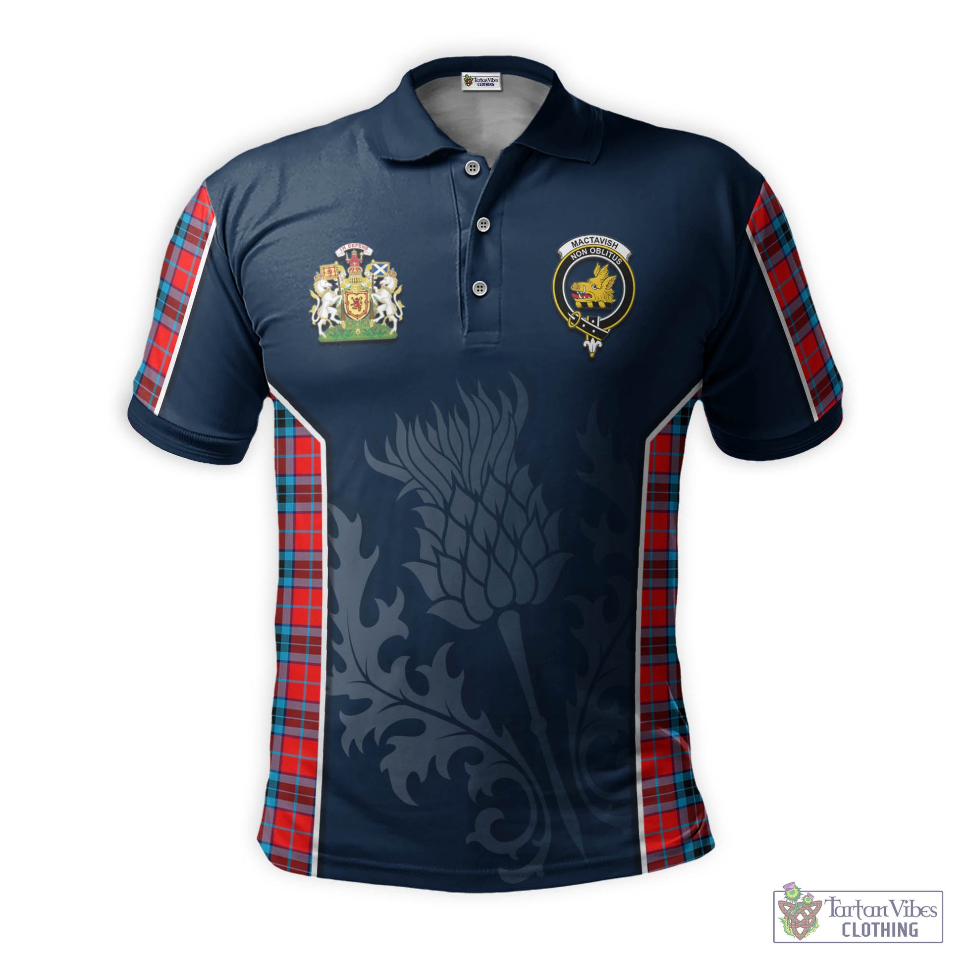 Tartan Vibes Clothing MacTavish Modern Tartan Men's Polo Shirt with Family Crest and Scottish Thistle Vibes Sport Style