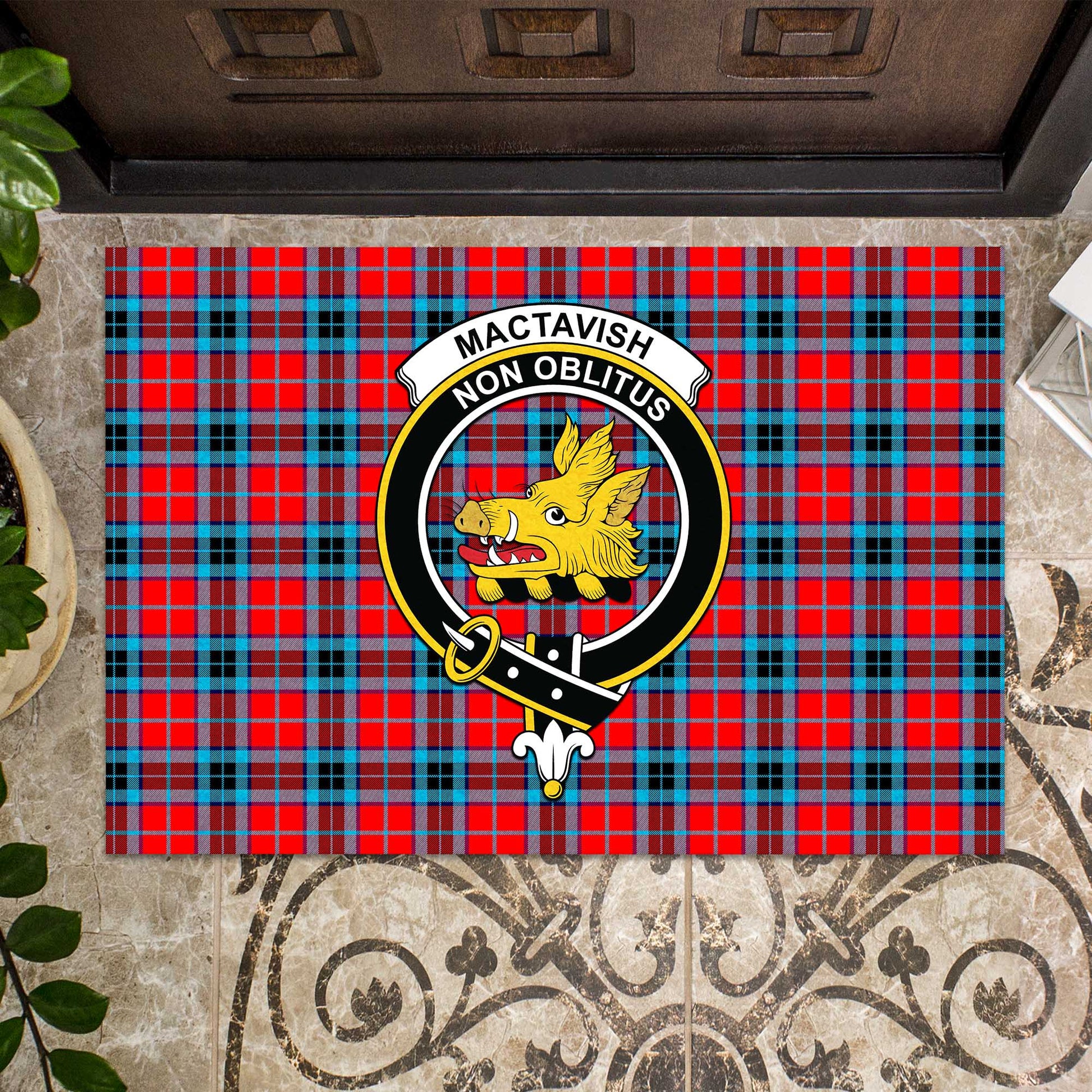 MacTavish Modern Tartan Door Mat with Family Crest - Tartanvibesclothing