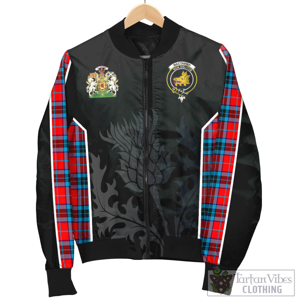 Tartan Vibes Clothing MacTavish Modern Tartan Bomber Jacket with Family Crest and Scottish Thistle Vibes Sport Style