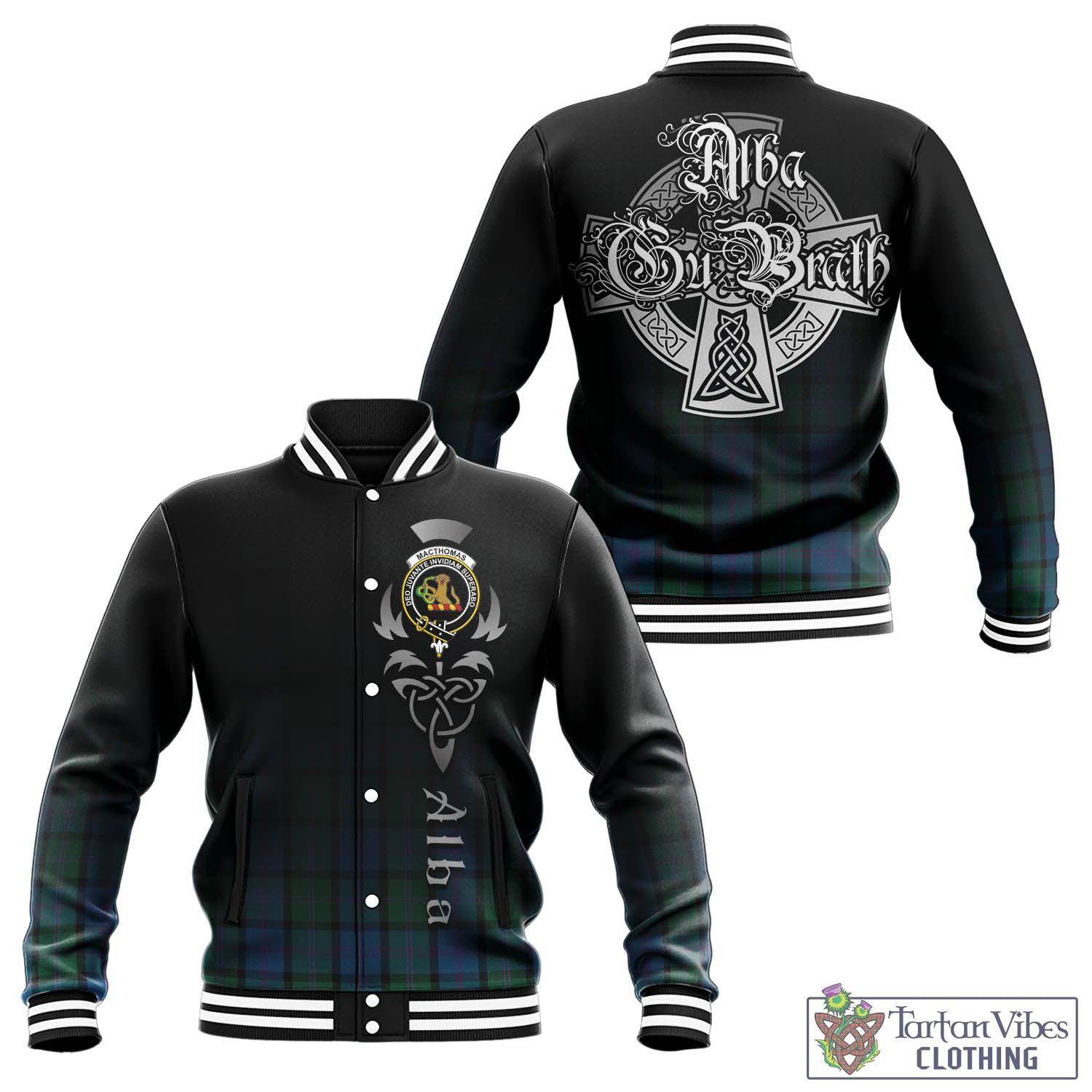 Tartan Vibes Clothing MacThomas Tartan Baseball Jacket Featuring Alba Gu Brath Family Crest Celtic Inspired