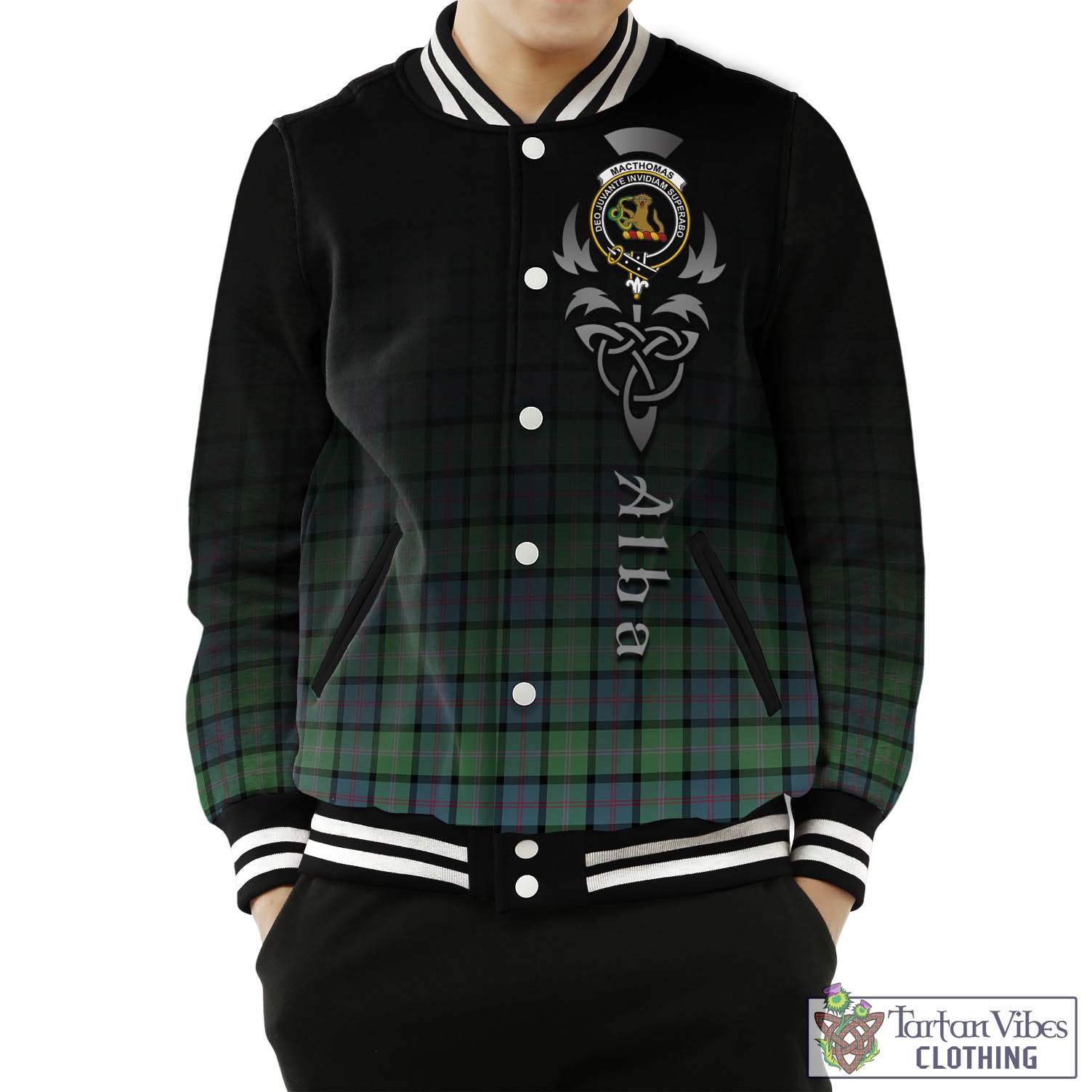 Tartan Vibes Clothing MacThomas Ancient Tartan Baseball Jacket Featuring Alba Gu Brath Family Crest Celtic Inspired