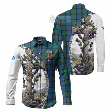 MacThomas (McThomas) Tartan Long Sleeve Button Shirt with Family Crest and St. Andrew's Cross Accented by Thistle Vines Men's Shirt S - Tartan Vibes Clothing