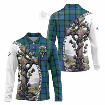 MacThomas (McThomas) Tartan Long Sleeve Polo Shirt with Family Crest and St. Andrew's Cross Accented by Thistle Vines Unisex - Tartan Vibes Clothing