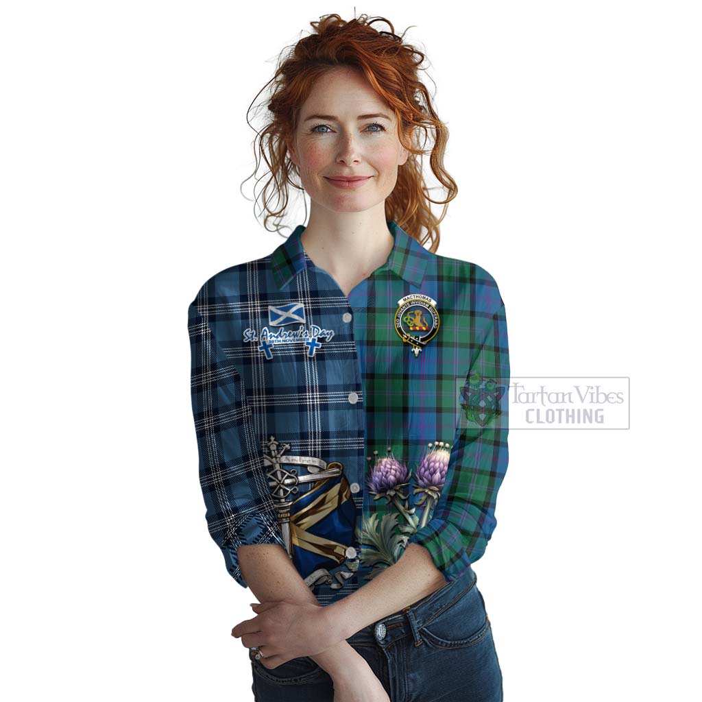 Tartan Vibes Clothing MacThomas (McThomas) Tartan Women's Casual Shirt Happy St. Andrew's Day Half Tartan Style