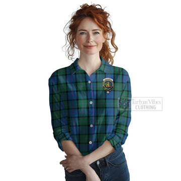 MacThomas (McThomas) Tartan Women's Casual Shirt with Family Crest and Bearded Skull Holding Bottles of Whiskey