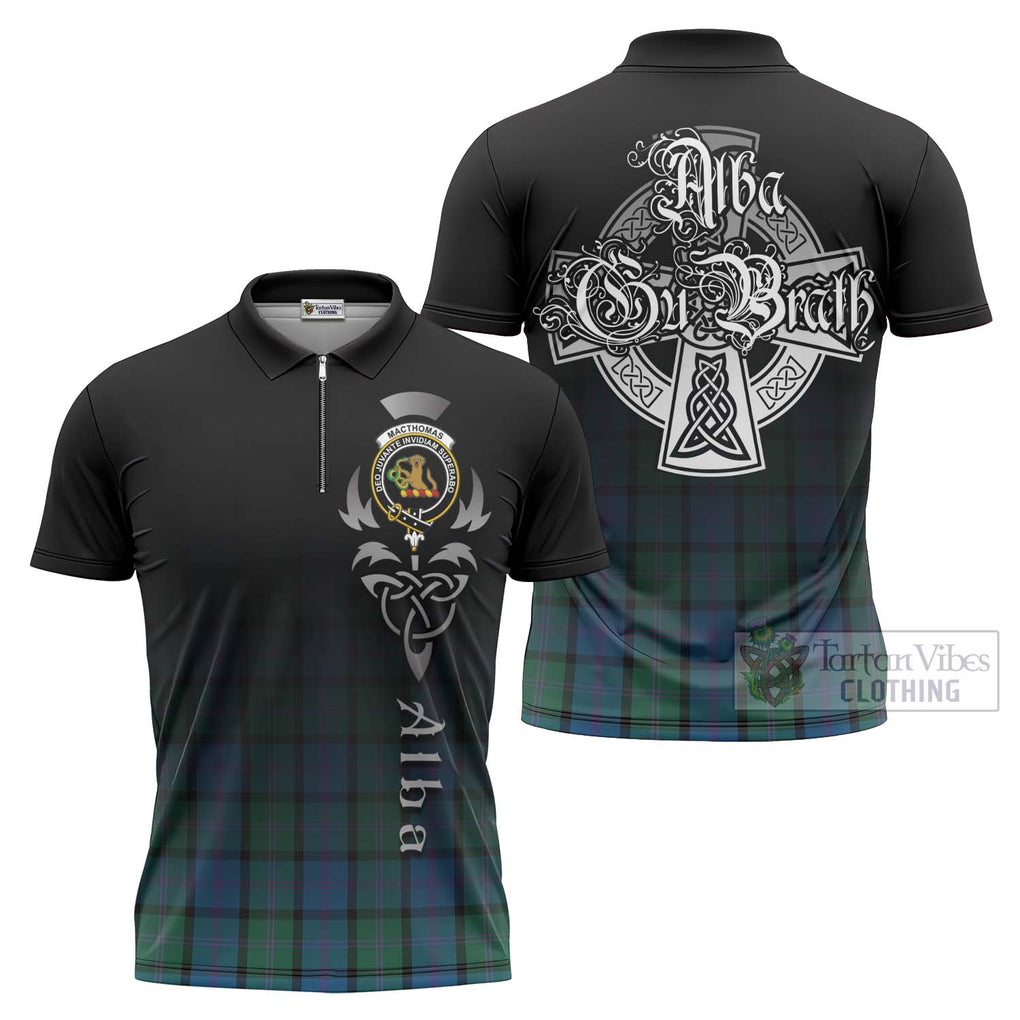 Tartan Vibes Clothing MacThomas (McThomas) Tartan Zipper Polo Shirt Featuring Alba Gu Brath Family Crest Celtic Inspired