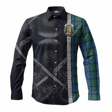 MacThomas (McThomas) Tartan Long Sleeve Button Shirt with Family Crest Cross Sword Thistle Celtic Vibes Men's Shirt S - Tartan Vibes Clothing