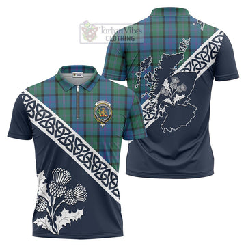 MacThomas (McThomas) Tartan Zipper Polo Shirt Featuring Thistle and Scotland Map