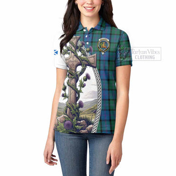 MacThomas (McThomas) Tartan Women's Polo Shirt with Family Crest and St. Andrew's Cross Accented by Thistle Vines