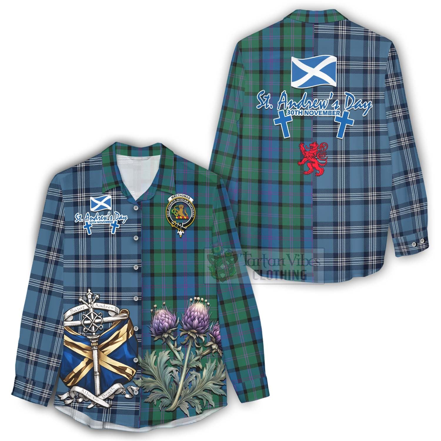 Tartan Vibes Clothing MacThomas (McThomas) Tartan Women's Casual Shirt Happy St. Andrew's Day Half Tartan Style