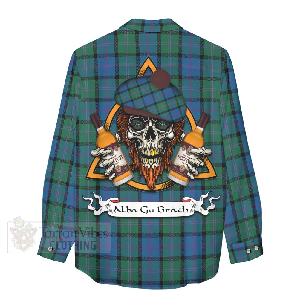 Tartan Vibes Clothing MacThomas (McThomas) Tartan Women's Casual Shirt with Family Crest and Bearded Skull Holding Bottles of Whiskey