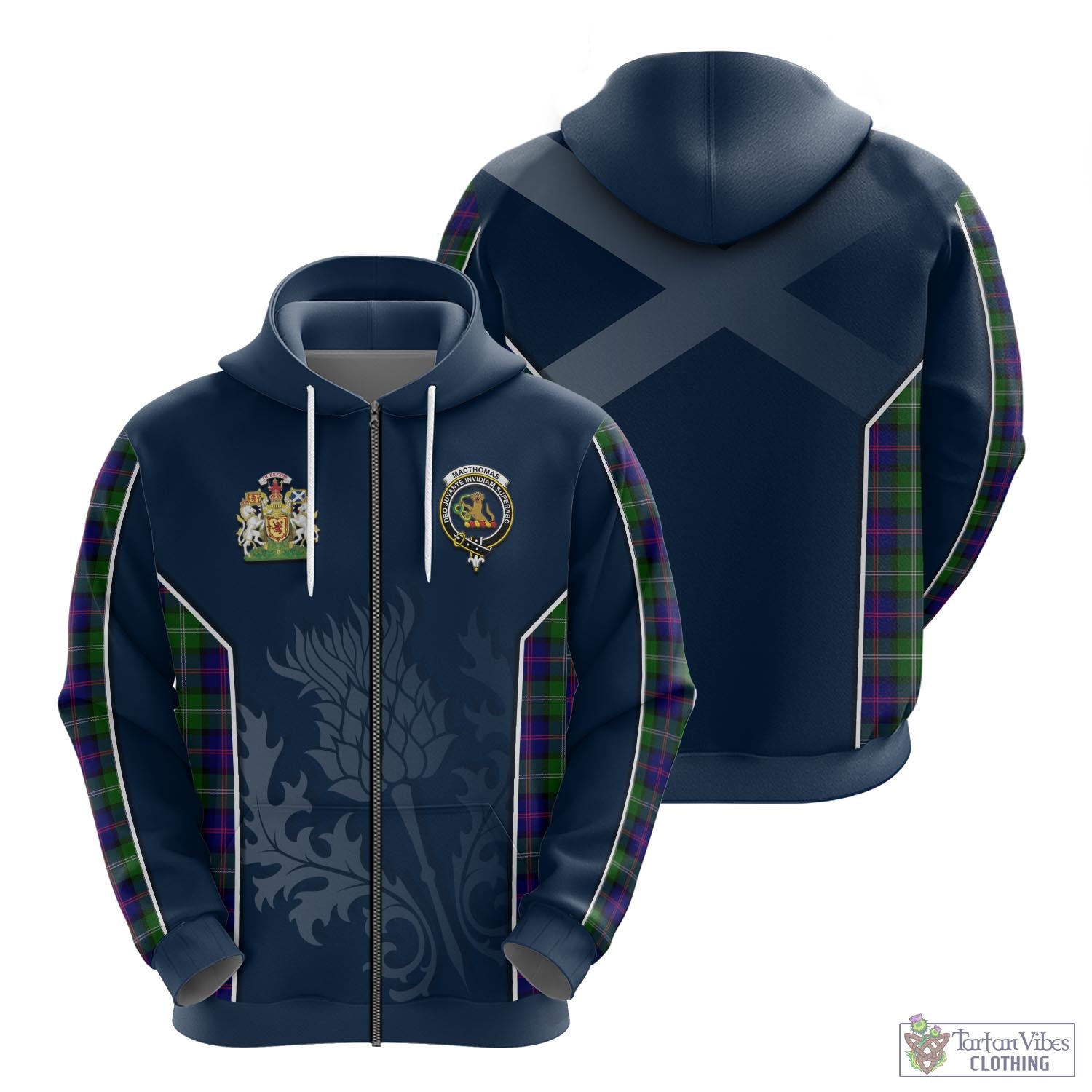 Tartan Vibes Clothing MacThomas Modern Tartan Hoodie with Family Crest and Scottish Thistle Vibes Sport Style