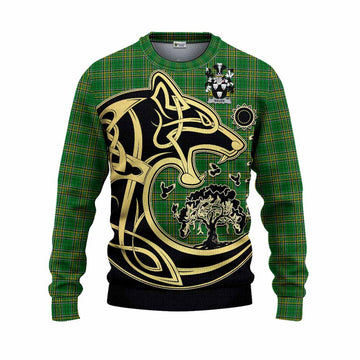 Magee Irish Tartan Knitted Sweater with Coat of Arms Celtic Wolf Style