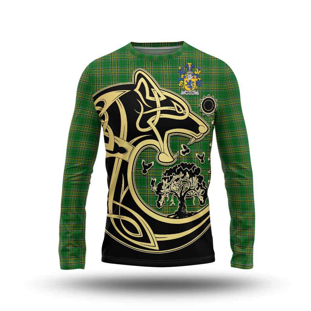 Tartan Vibes Clothing Mahon Irish Tartan Long Sleeve T-Shirt with Coat of Arms Celtic Wolf Style