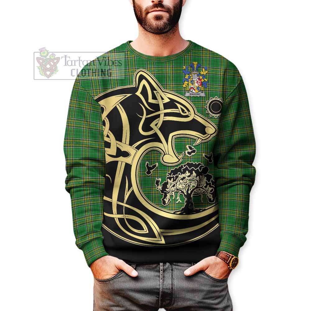 Mahony Irish Tartan Sweatshirt with Coat of Arms Celtic Wolf Style - Tartan Vibes Clothing