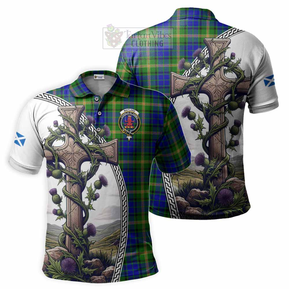 Tartan Vibes Clothing Maitland Tartan Polo Shirt with Family Crest and St. Andrew's Cross Accented by Thistle Vines