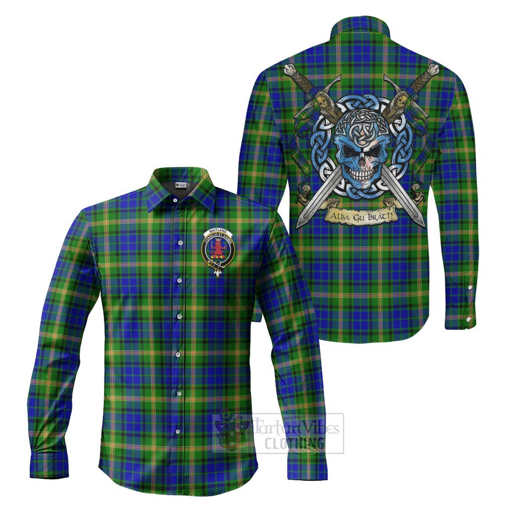 Tartan Vibes Clothing Maitland Tartan Long Sleeve Button Shirt with Family Crest Celtic Skull Style