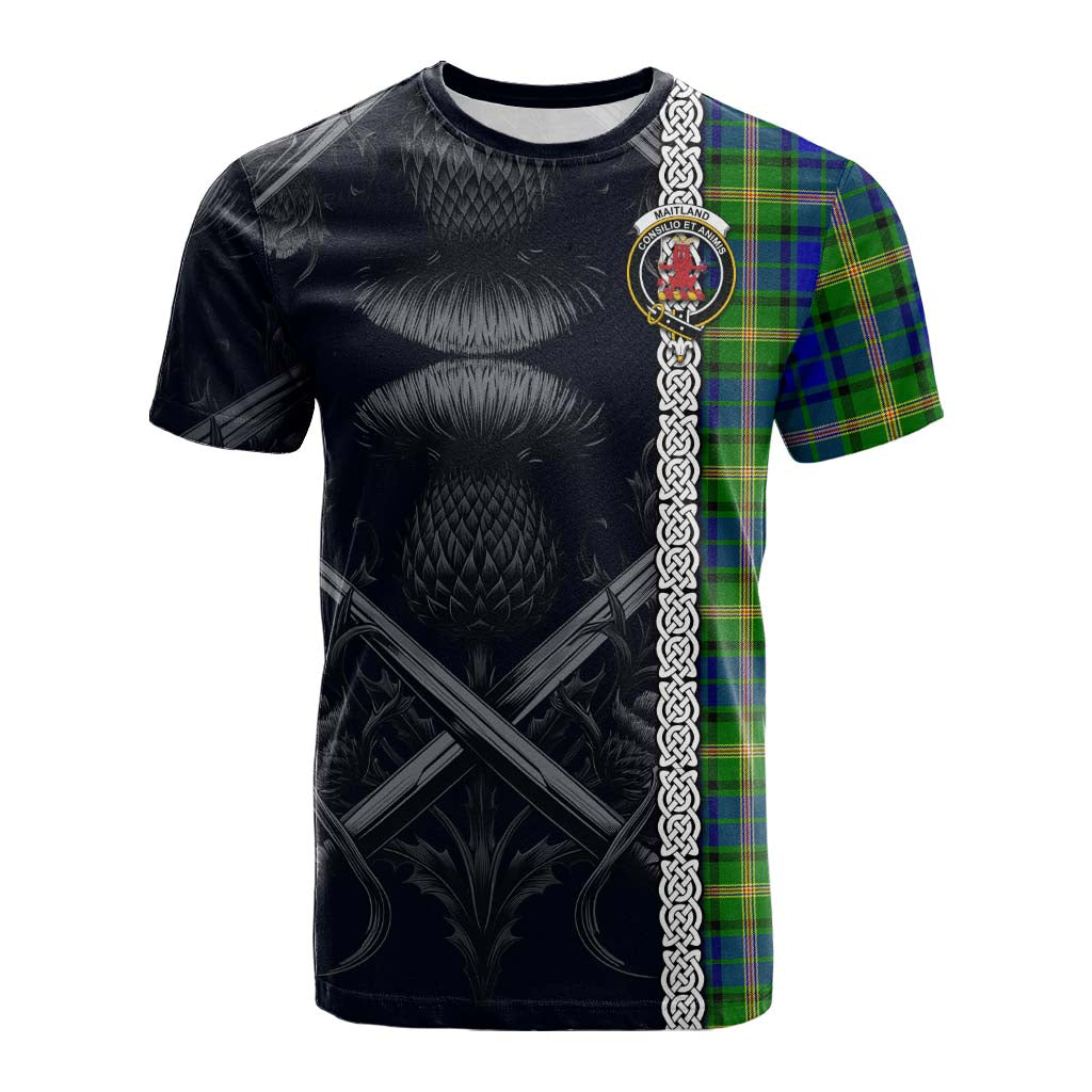 Tartan Vibes Clothing Maitland Tartan Cotton T-shirt with Family Crest Cross Sword Thistle Celtic Vibes