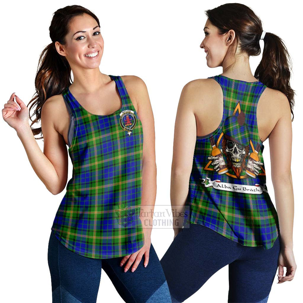 Tartan Vibes Clothing Maitland Tartan Women's Racerback Tanks with Family Crest and Bearded Skull Holding Bottles of Whiskey