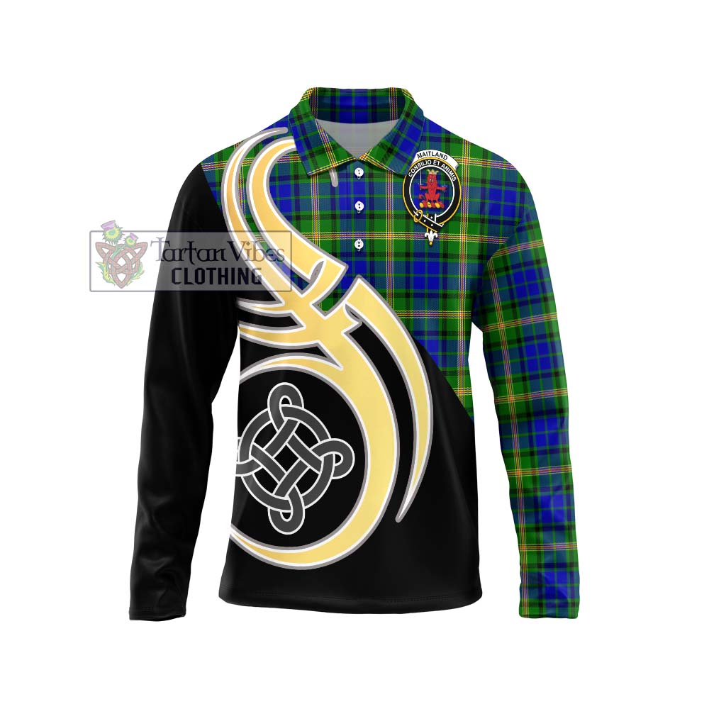 Maitland Tartan Long Sleeve Polo Shirt with Family Crest and Celtic Symbol Style Unisex - Tartan Vibes Clothing