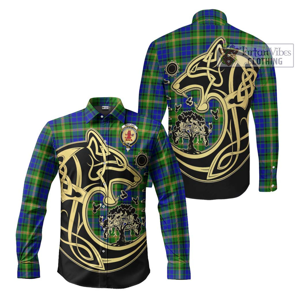 Maitland Tartan Long Sleeve Button Shirt with Family Crest Celtic Wolf Style Men's Shirt S - Tartan Vibes Clothing