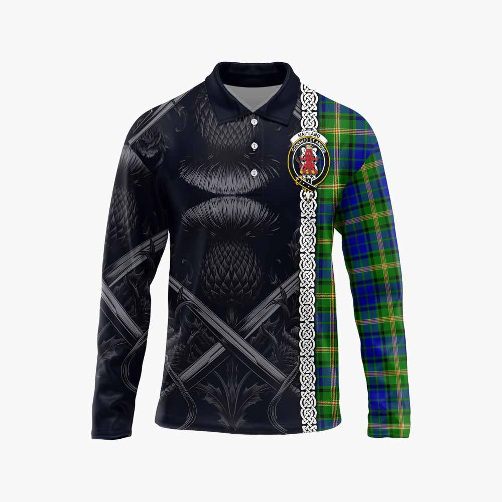 Tartan Vibes Clothing Maitland Tartan Long Sleeve Polo Shirt with Family Crest Cross Sword Thistle Celtic Vibes