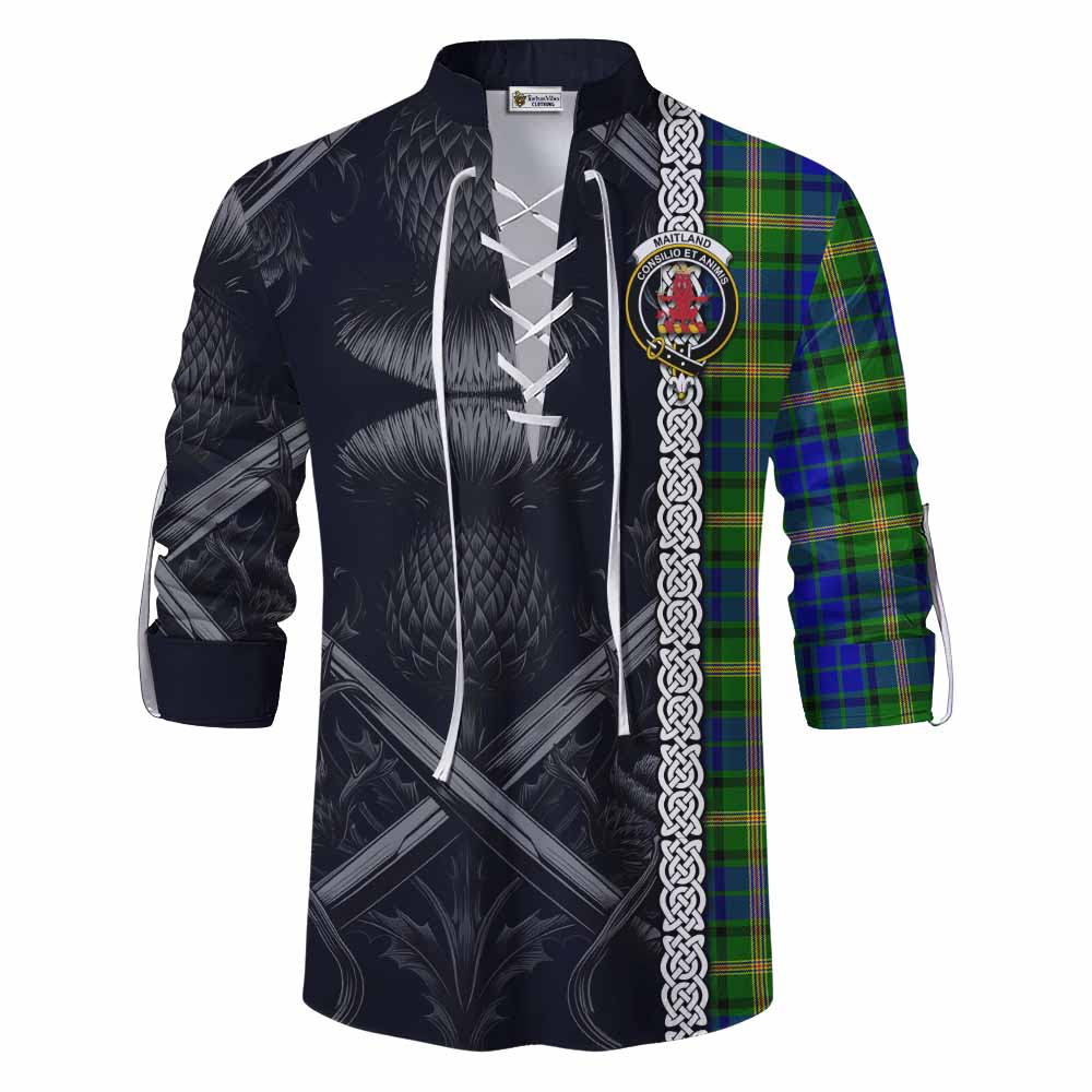 Tartan Vibes Clothing Maitland Tartan Ghillie Kilt Shirt with Family Crest Cross Sword Thistle Celtic Vibes