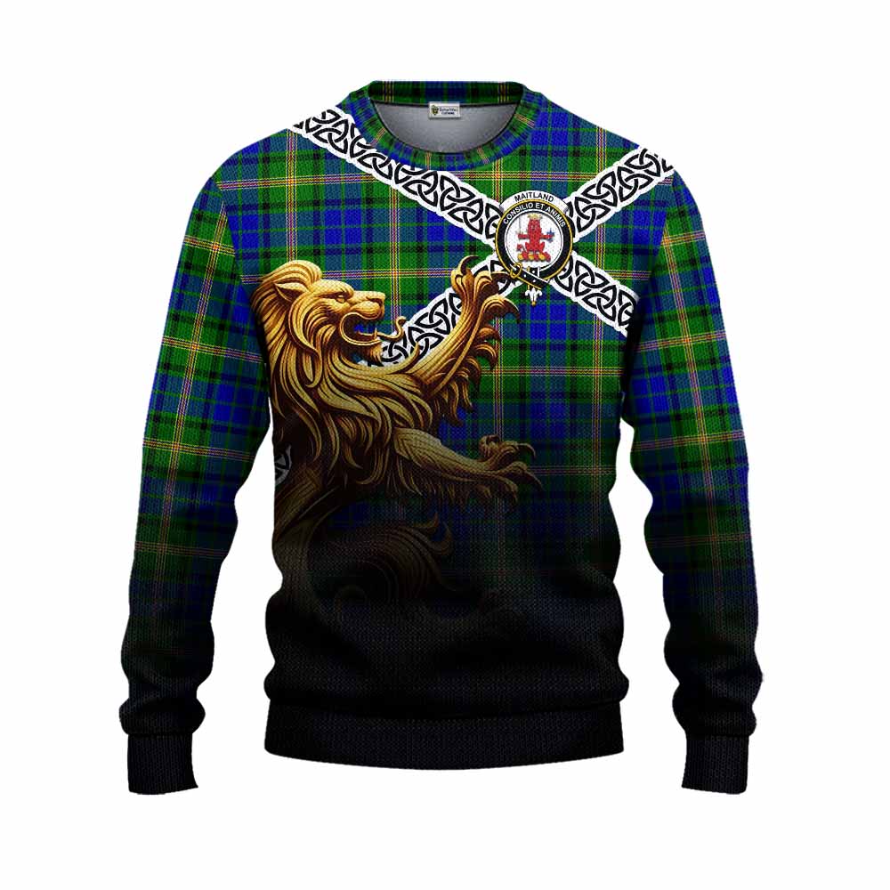 Maitland Crest Tartan Knitted Sweater with Golden Lion Emblem Celtic Style Unisex - Tartan Vibes Clothing