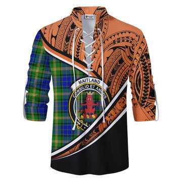 Maitland Crest Tartan Ghillie Kilt Shirt with Polynesian Vibes Style - Orange Version