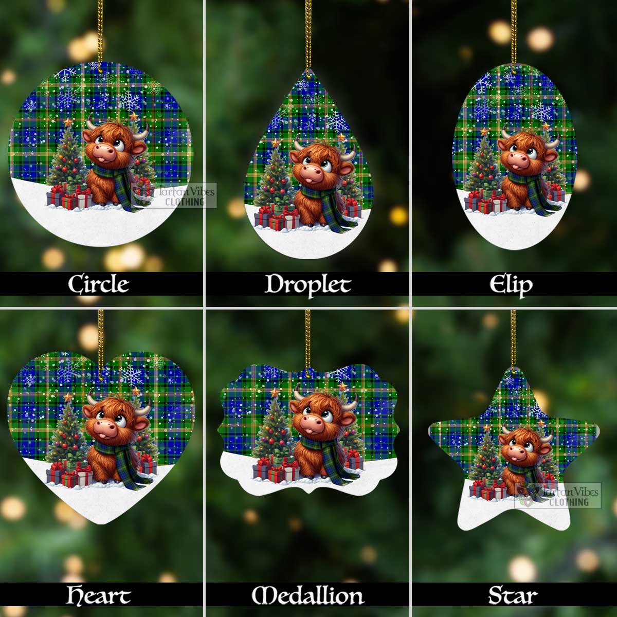 Tartan Vibes Clothing Maitland Tartan Christmas Aluminium Ornament with Adorable Highland Coo