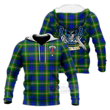 Maitland Tartan Knitted Hoodie with Family Crest Celtic Skull Style