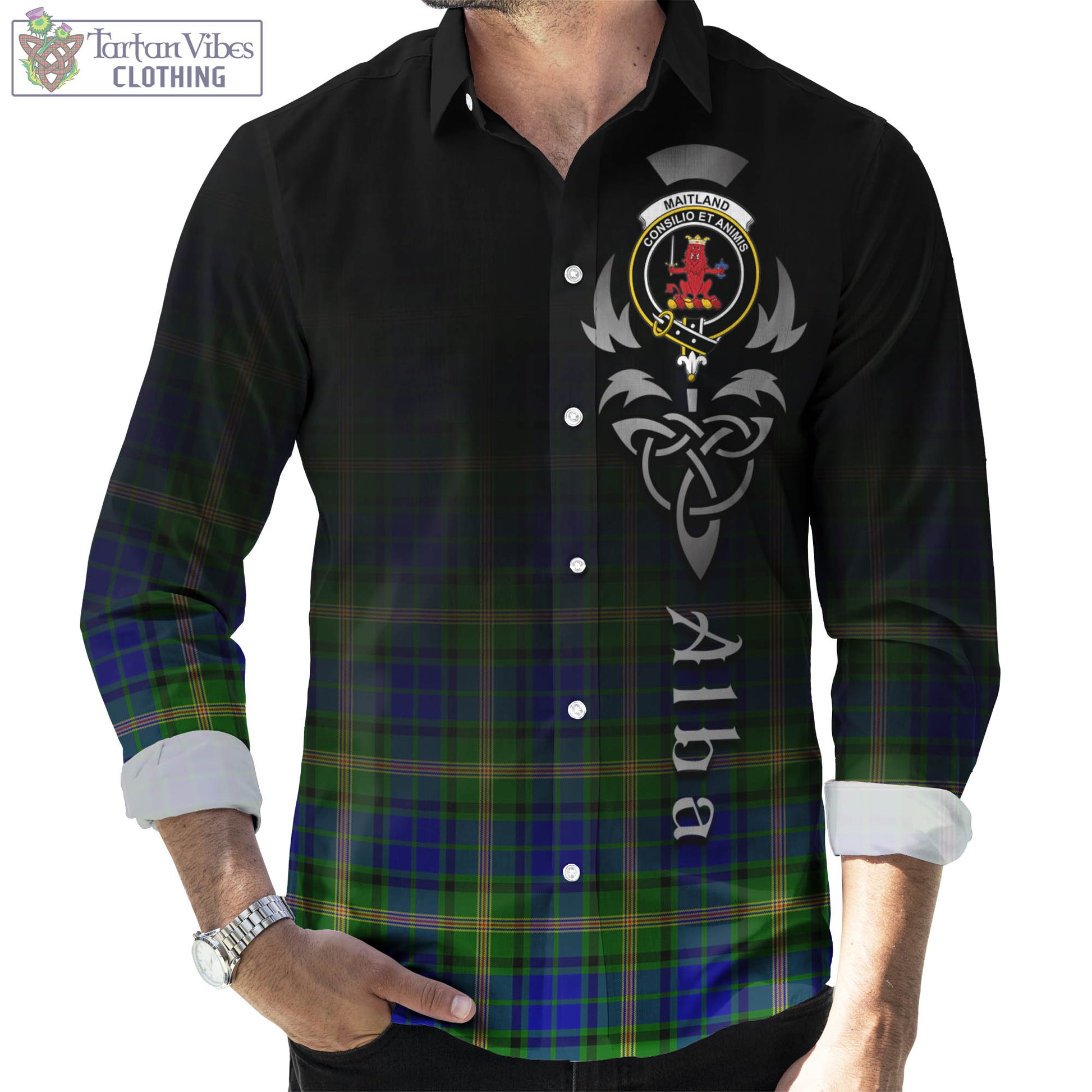 Tartan Vibes Clothing Maitland Tartan Long Sleeve Button Up Featuring Alba Gu Brath Family Crest Celtic Inspired