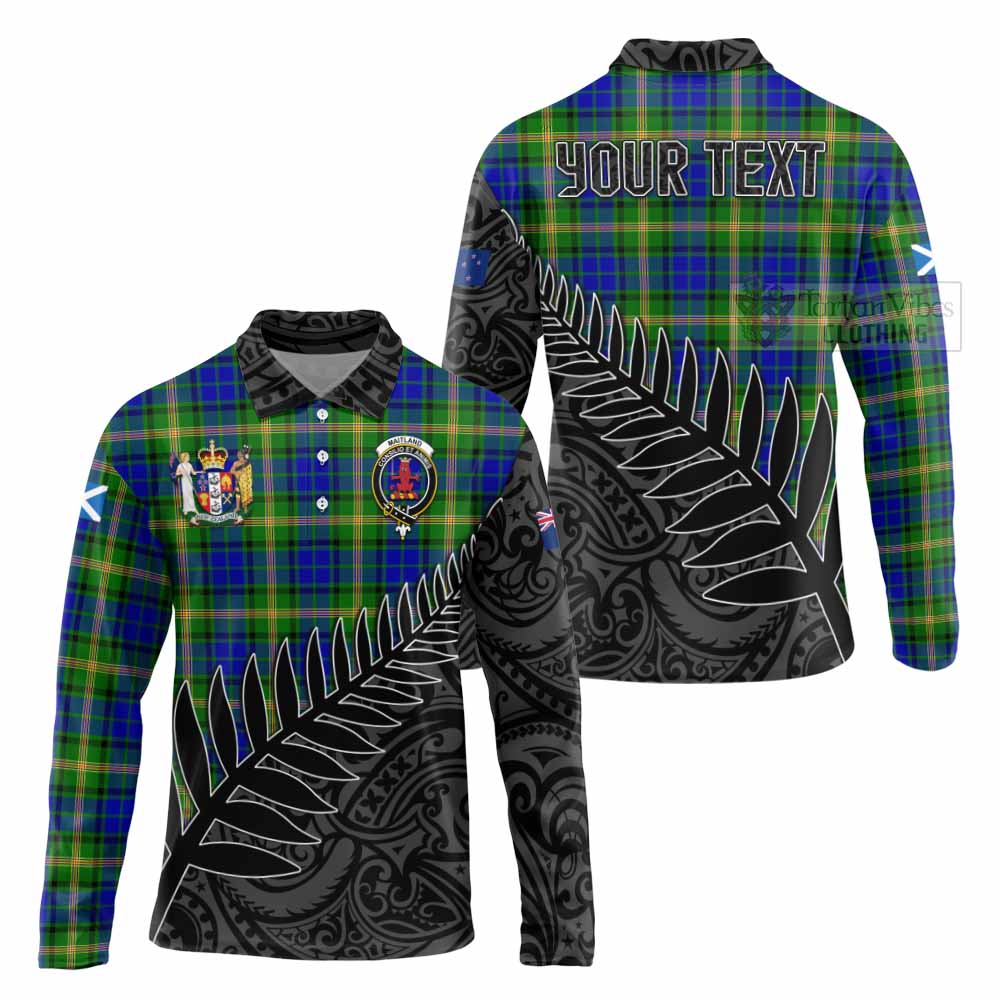 Tartan Vibes Clothing Maitland Crest Tartan Long Sleeve Polo Shirt with New Zealand Silver Fern Half Style