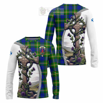 Maitland Tartan Long Sleeve T-Shirt with Family Crest and St. Andrew's Cross Accented by Thistle Vines