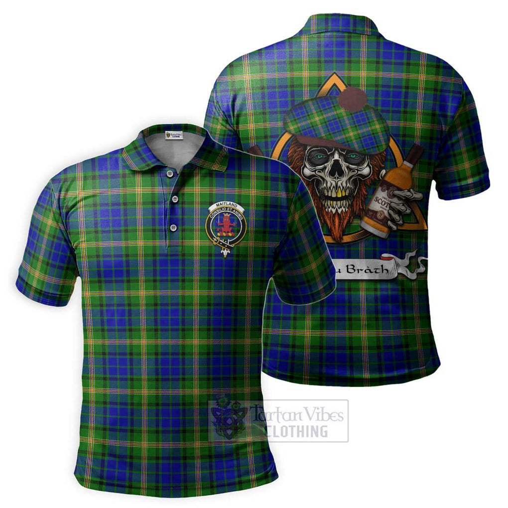 Tartan Vibes Clothing Maitland Tartan Polo Shirt with Family Crest and Bearded Skull Holding Bottles of Whiskey