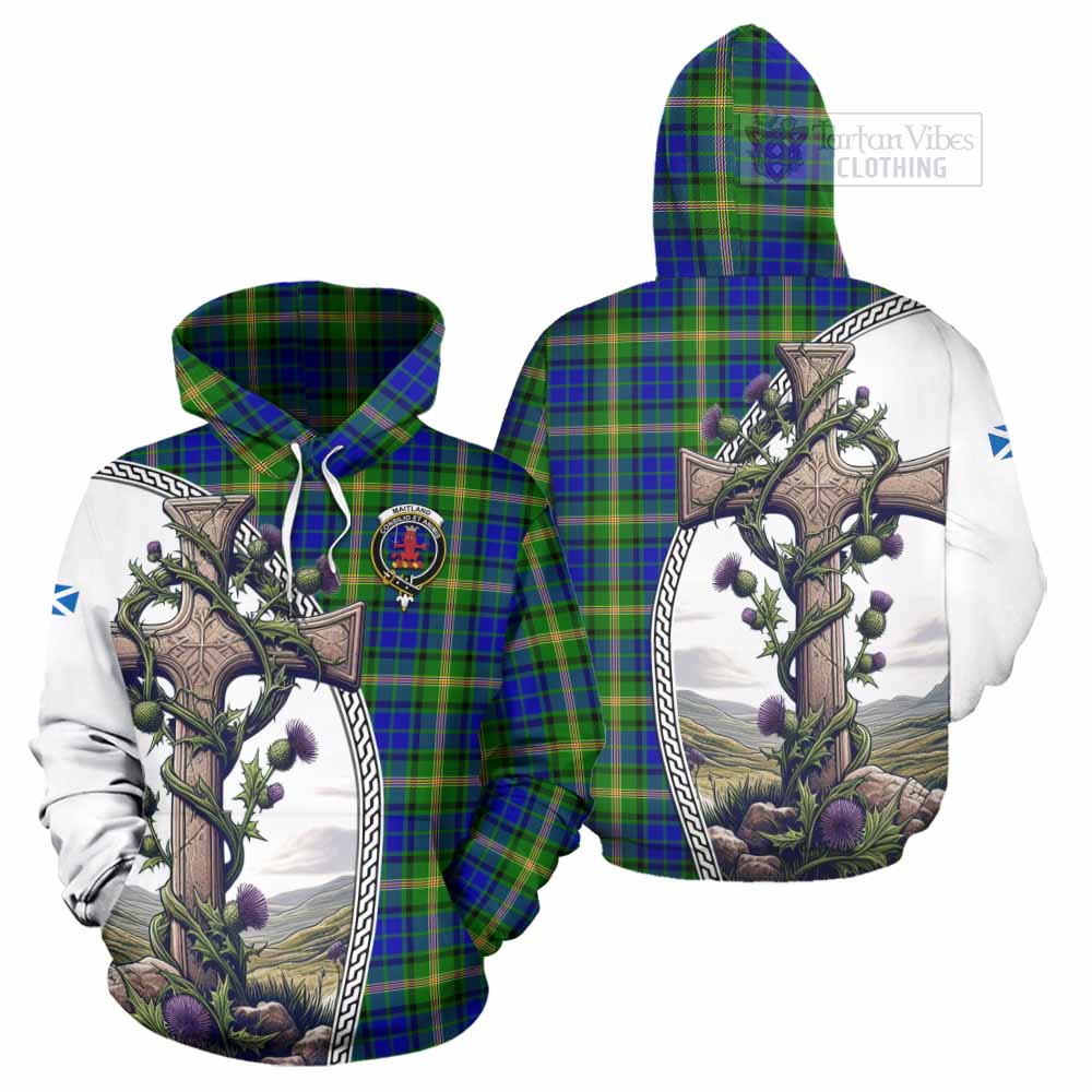 Tartan Vibes Clothing Maitland Tartan Hoodie with Family Crest and St. Andrew's Cross Accented by Thistle Vines