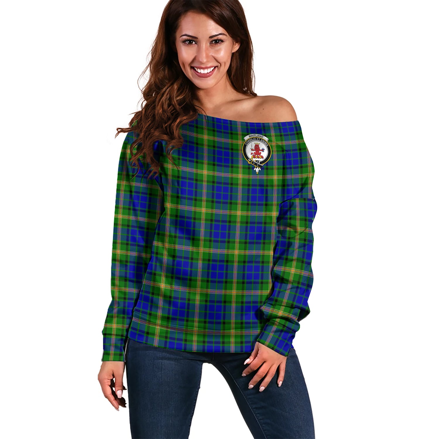 Maitland Tartan Off Shoulder Women Sweater with Family Crest Women - Tartanvibesclothing