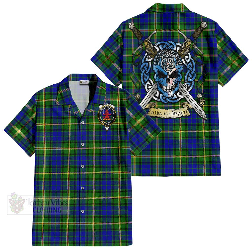 Tartan Vibes Clothing Maitland Tartan Short Sleeve Button Shirt with Family Crest Celtic Skull Style