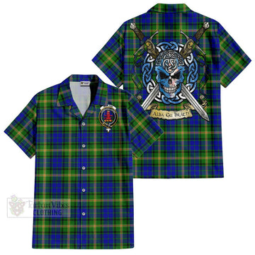 Maitland Tartan Short Sleeve Button Shirt with Family Crest Celtic Skull Style