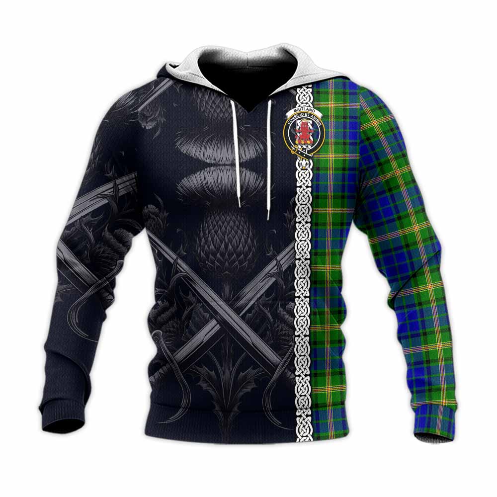 Tartan Vibes Clothing Maitland Tartan Knitted Hoodie with Family Crest Cross Sword Thistle Celtic Vibes